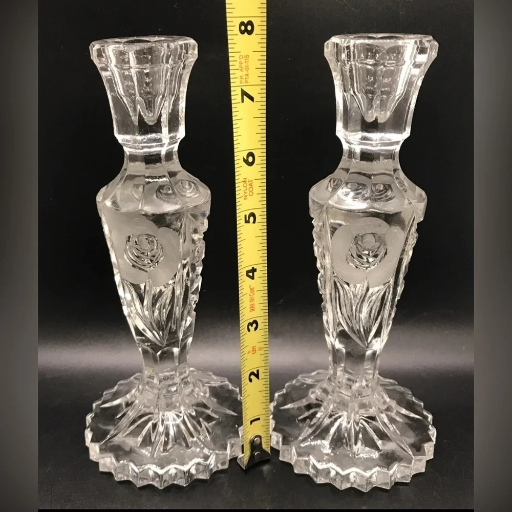 Pair of Queen’s Award Frosted Rose Cut  Lead Crystal Candlesticks By L.  Silver